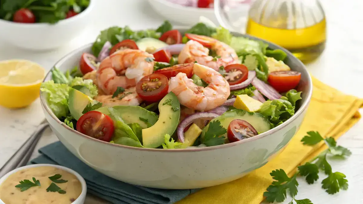 Healthy shrimp salad ready to serve