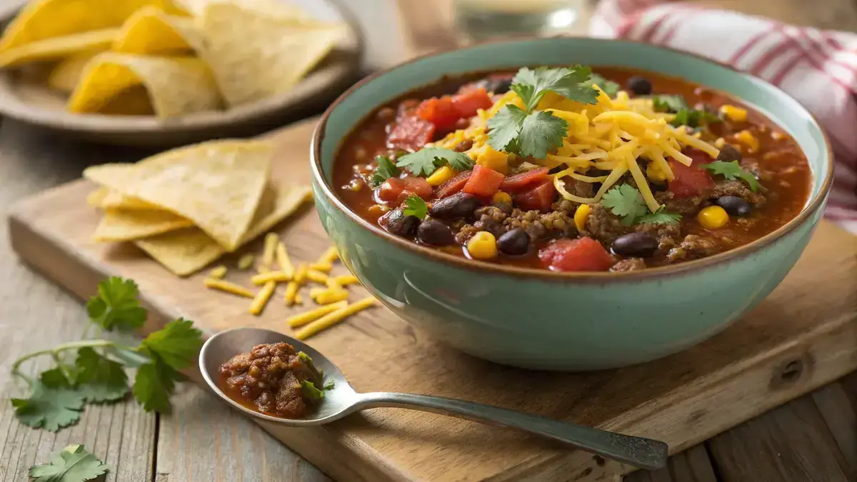 A hearty bowl of Taco Soup garnished with cheese and cilantro, accompanied by tortilla chips.
