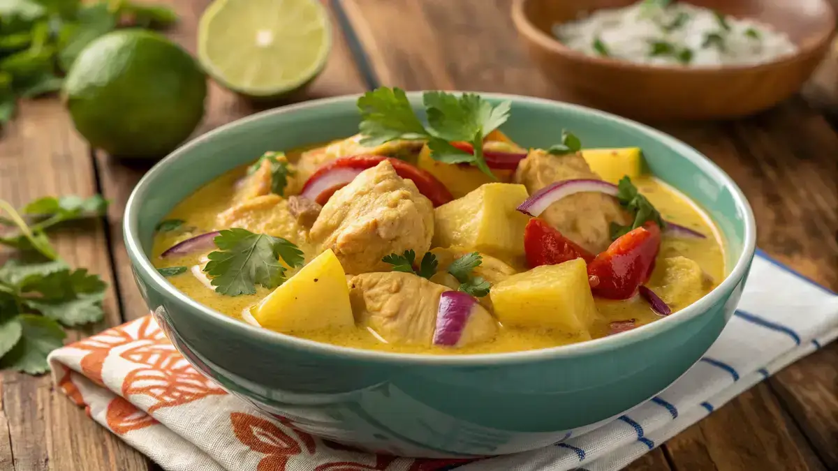 A bowl of Thai yellow curry with chicken and vegetables, garnished with cilantro and lime.