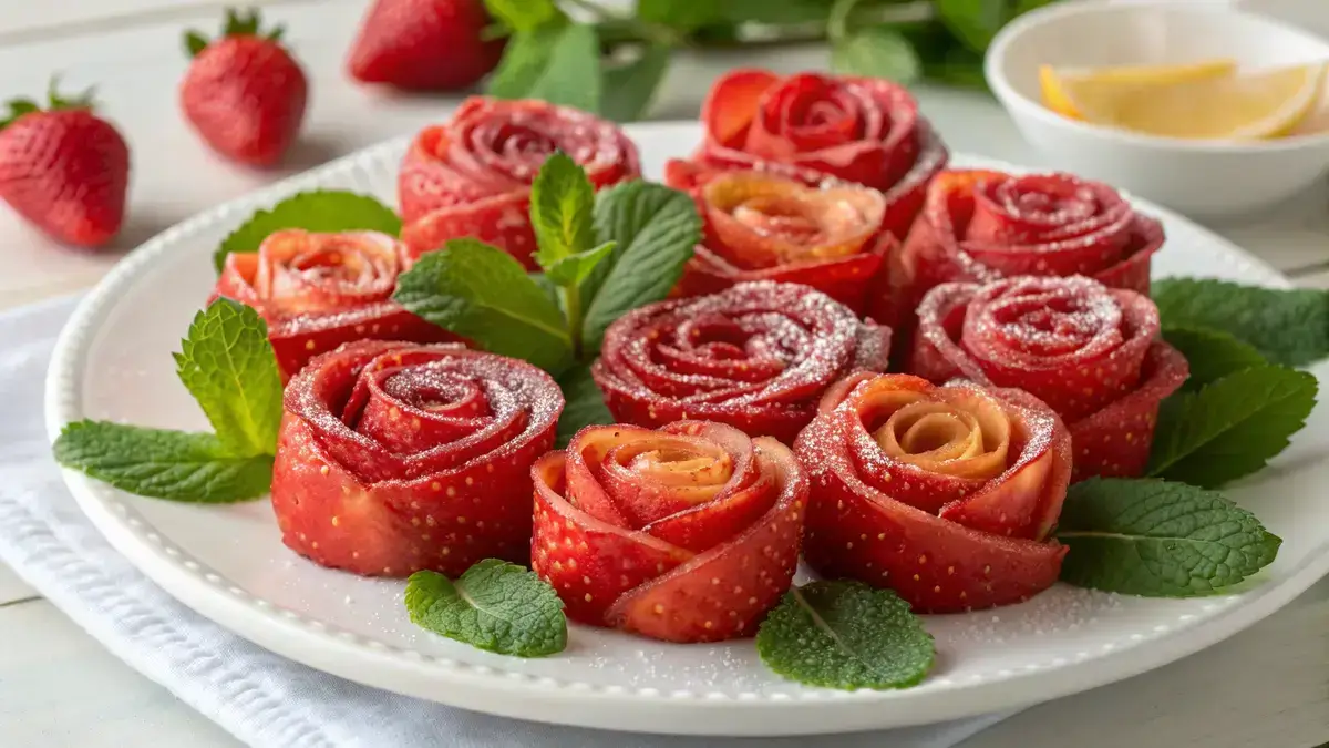 Plate of strawberry roses garnished with mint leaves.