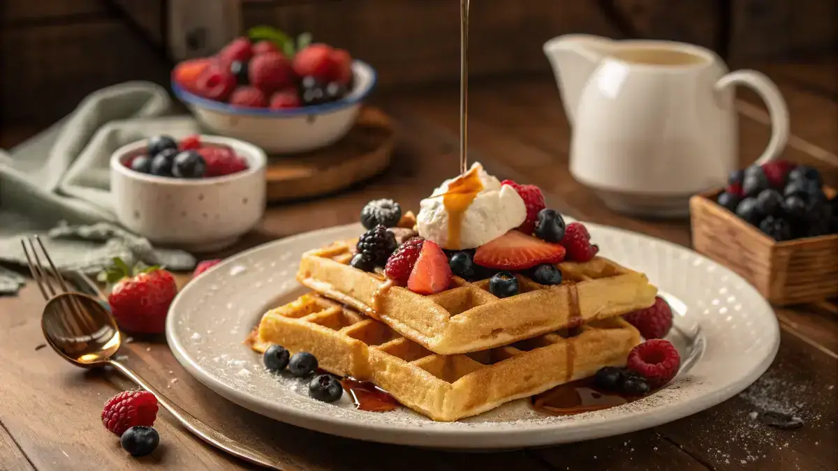 Delicious wheat waffles topped with fresh berries and whipped cream on a wooden table.
