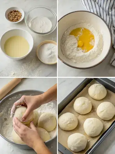 Four-panel illustration of the hamburger buns baking process: yeast activation, ingredient combining, dough kneading, and bun shaping