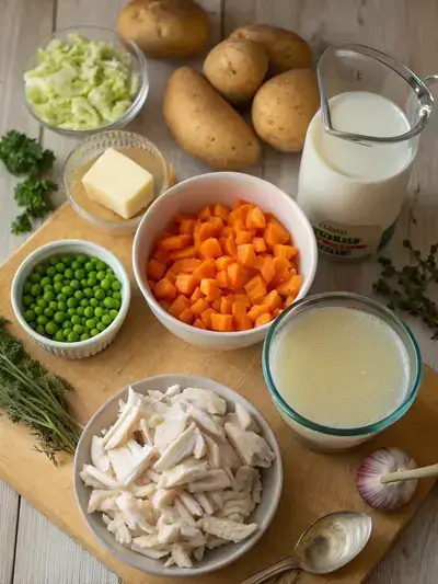 Ingredients for Chicken Pot Pie Soup displayed on a kitchen table, including vegetables, chicken, and seasonings.