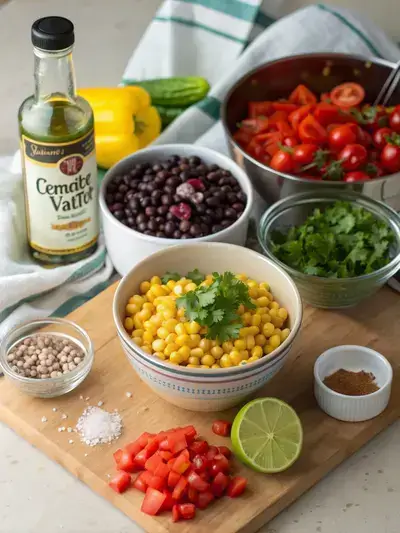 A colorful assortment of fresh ingredients for Cowboy Caviar Dip displayed on a kitchen table.