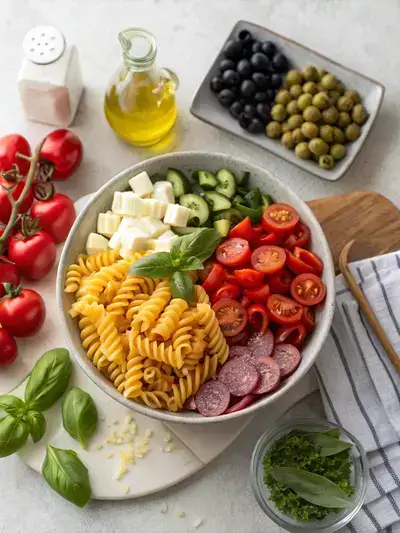 A colorful assortment of ingredients for Italian Pasta Salad on a kitchen table.