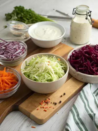 Fresh ingredients for KFC coleslaw copycat displayed on a kitchen table.