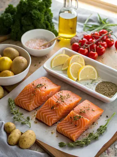 Fresh ingredients for salmon meal prep including salmon fillets, vegetables, and seasonings.