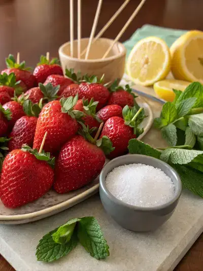 Display of fresh strawberries, sugar, lemon, and mint leaves on a kitchen table.