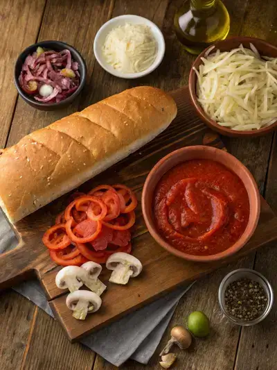 A variety of fresh ingredients for making a pizza sub displayed on a kitchen table.