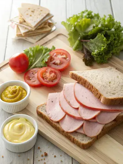 A variety of fresh sandwich ingredients including bread, sandwich meat, lettuce, tomato, mayonnaise, and mustard on a kitchen table.