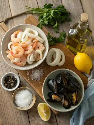 A vibrant assortment of fresh seafood ingredients including shrimp, squid, mussels, and clams, arranged on a kitchen table.