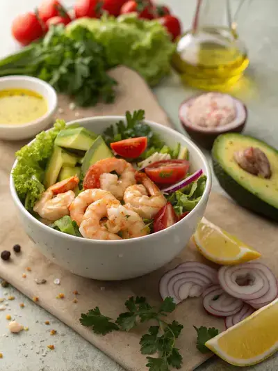 A colorful assortment of shrimp salad ingredients including shrimp, lettuce, tomatoes, cucumber, avocado, and onion on a kitchen table.