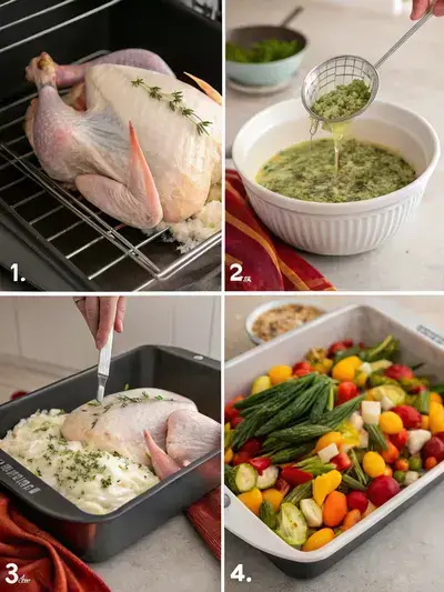 Four-part illustration of preparing a frozen whole turkey: the turkey on a rack in a roasting pan, herb butter in a bowl, coating the turkey with the herb butter, and stuffing the turkey cavity with vegetables