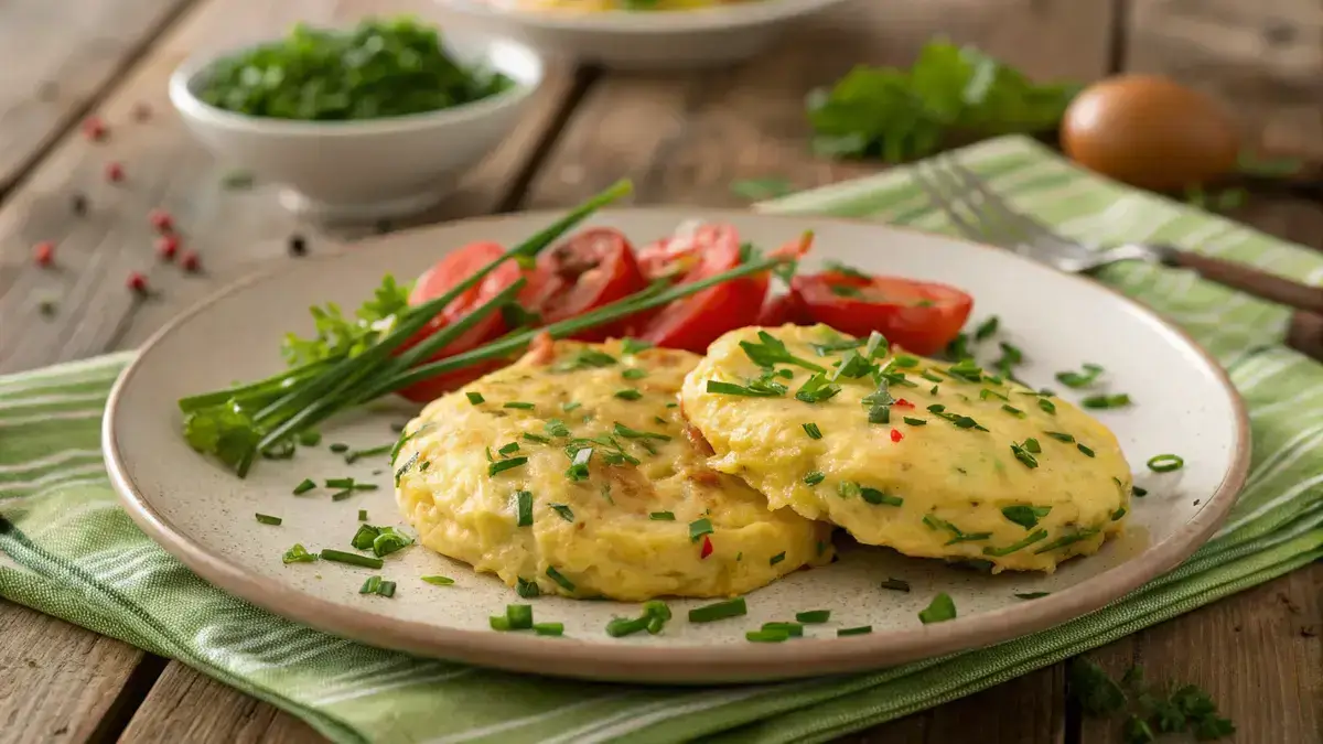 Delicious golden egg patties garnished with chives on a rustic wooden table.