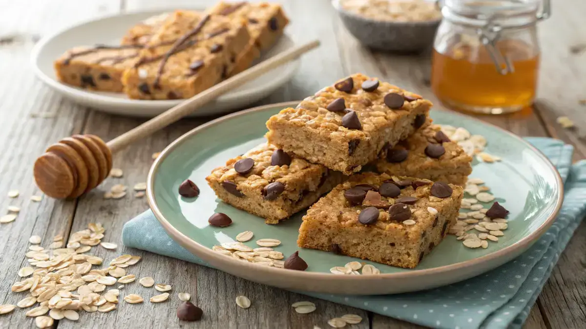 Delicious granola peanut butter bars topped with chocolate chips on a wooden table.