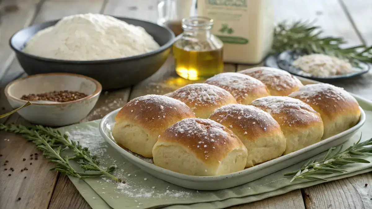 Freshly baked sub rolls on a wooden table with flour and ingredients around.