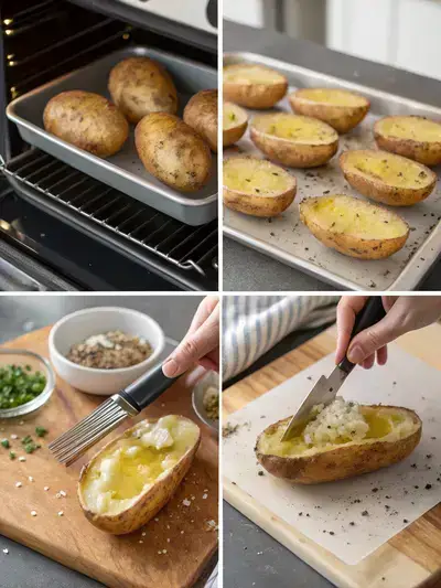 Step-by-step process of making Baked Potato Skins, including scrubbing, baking, and preparing the skins.