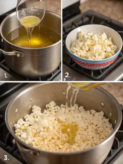 Step-by-step process of making movie popcorn, including heating oil, adding kernels, shaking the pot, and serving with butter and salt.