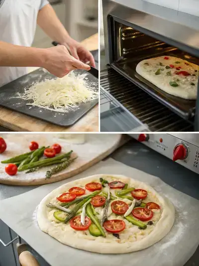 Step-by-step process of making primavera pizza, including preheating the oven, preparing the dough, and adding toppings.
