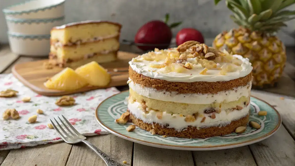 A slice of Better Than Sex Cake with layers of cream cheese and toppings on a rustic table.