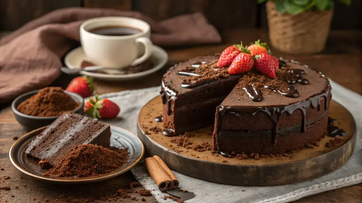 A slice of Chocolate Depression Cake with chocolate sauce and fresh strawberries on a rustic table.