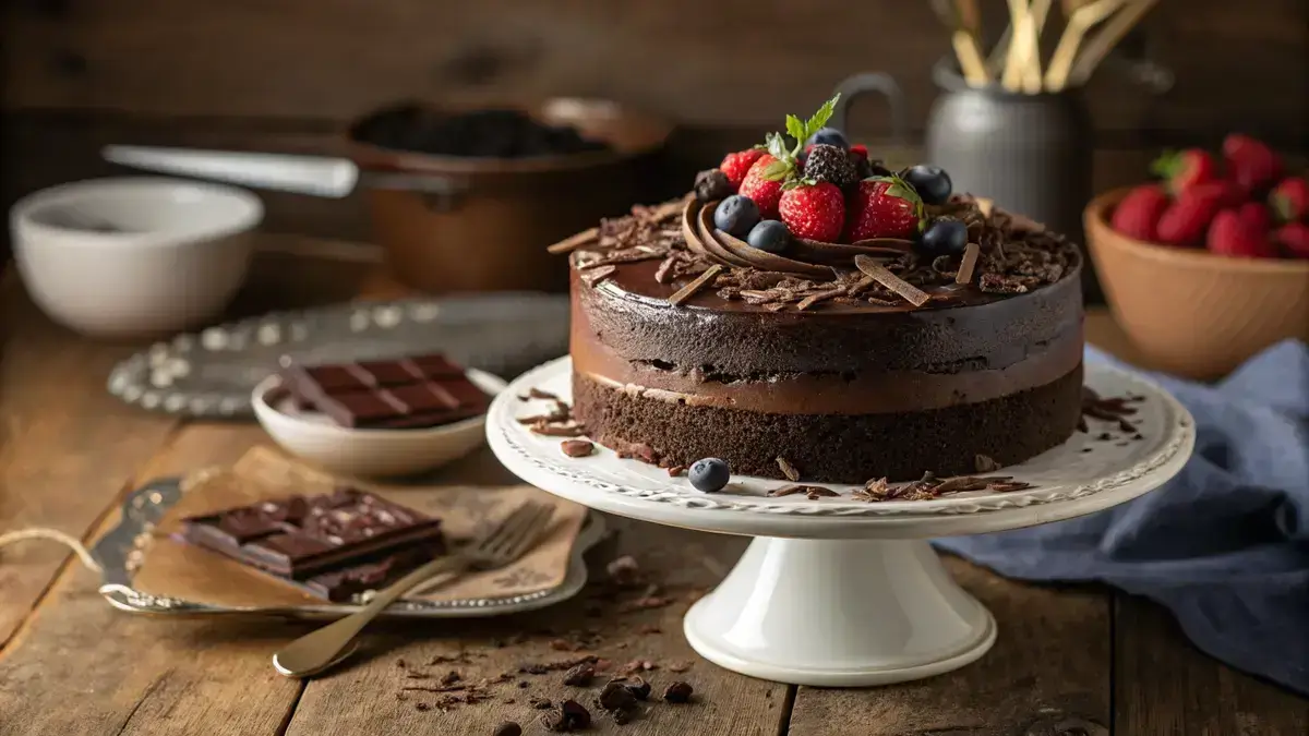 Dark chocolate layer cake on a cake stand