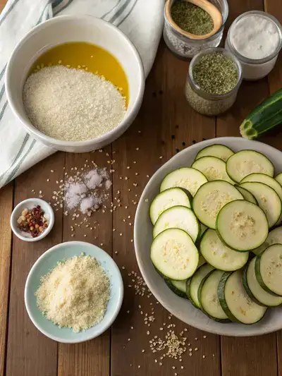 Fresh ingredients for air fryer zucchini chips displayed on a kitchen table.
