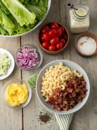 A vibrant display of ingredients for BLT macaroni salad on a kitchen table.