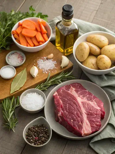 Ingredients for a beef chuck steak dish displayed on a rustic kitchen table.