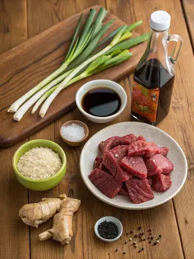 Fresh ingredients for beef strips recipe on a kitchen table.