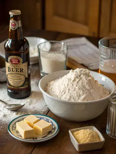 Ingredients for Beer Bread displayed on a rustic kitchen table.