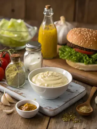 Ingredients for Big Mac sauce displayed on a kitchen table.