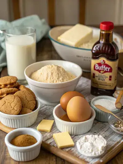 Ingredients for Biscoff butter cookies displayed on a kitchen table, including butter, Biscoff cookie butter, sugars, an egg, vanilla extract, flour, baking powder, salt, and crushed Biscoff cookies.