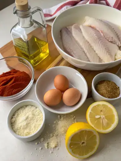 Ingredients for catfish fillets displayed on a kitchen table.