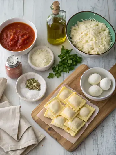 A collection of ingredients for cheesy ravioli including cheese ravioli, ricotta, mozzarella, Parmesan, egg, parsley, marinara sauce, olive oil, and garlic on a kitchen table.