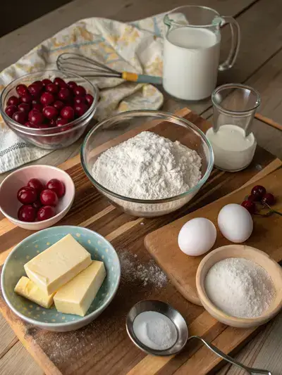 A collection of ingredients for cherry cake displayed on a kitchen table.