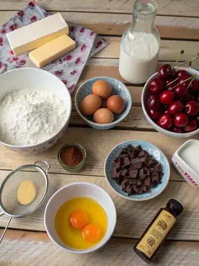 A display of ingredients for Cherry Cheesecake Brownies on a kitchen table, including butter, chocolate chips, sugar, eggs, vanilla extract, flour, cocoa powder, salt, cream cheese, and cherry pie filling.