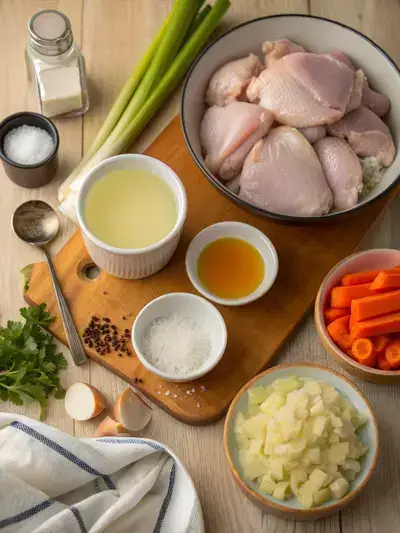 Ingredients for Chicken and Dumplings displayed on a kitchen table, including chicken, broth, flour, and fresh vegetables.
