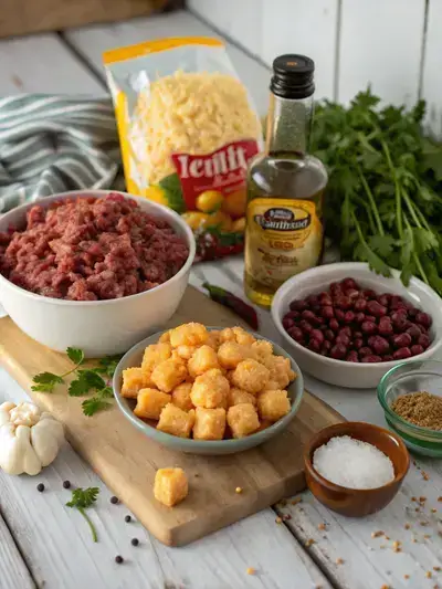 Ingredients for Chili Cheese Tater Tot Casserole arranged on a kitchen table