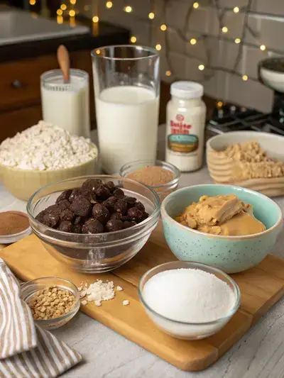 Ingredients for chocolate peanut butter no bake cookies displayed on a kitchen table.