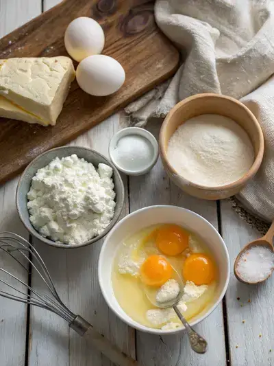 Ingredients for Cloud Bread displayed on a rustic kitchen table.