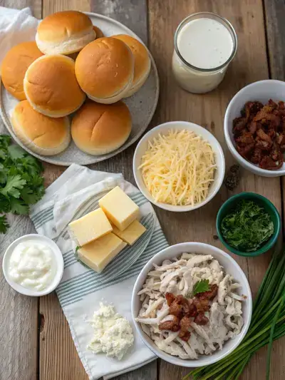 A variety of ingredients for crack chicken sliders displayed on a wooden kitchen table.