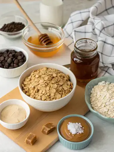 Ingredients for granola peanut butter bars displayed on a kitchen table.