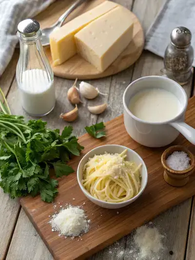 Ingredients for Homemade Alfredo Sauce on a kitchen table