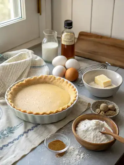 Ingredients for Buttermilk Pie displayed on a kitchen table.