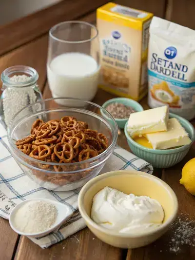 Ingredients for Lemon Pretzel Dessert displayed on a kitchen table.
