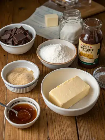Ingredients for MILLIONAIRE SHORTBREAD displayed on a kitchen table, including butter, sugar, flour, and chocolate.
