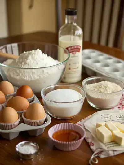 A collection of ingredients for mini cupcakes displayed on a kitchen table.