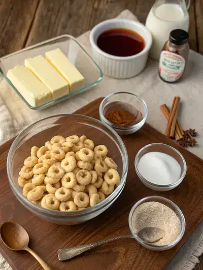 Ingredients for Mini Doughnut Hot Buttered Cheerios displayed on a kitchen table.