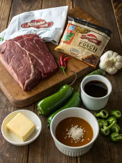 Ingredients for Mississippi Pot Roast displayed on a kitchen table.